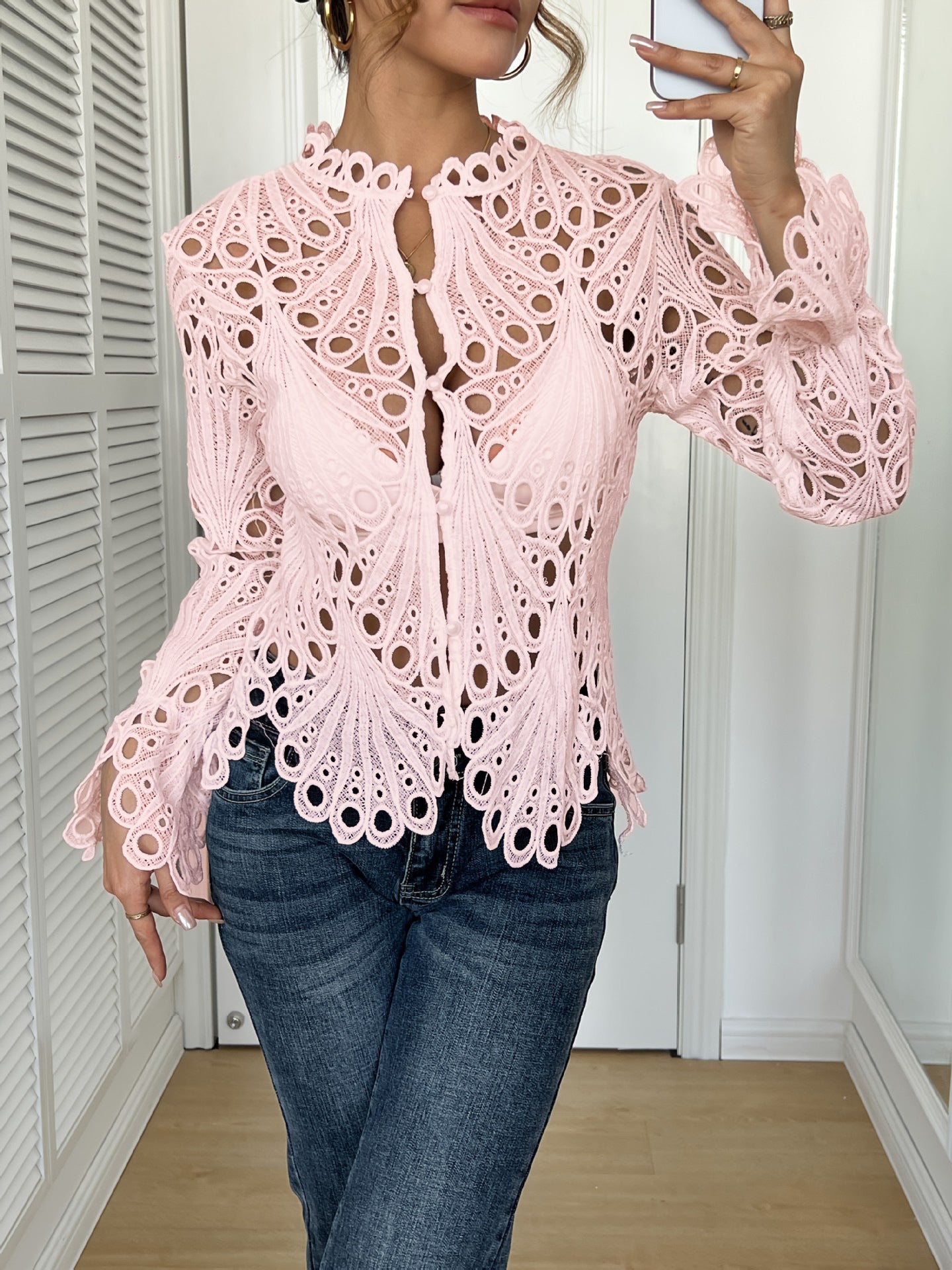 Elegant Hollow-out Lace Bell Sleeve Shirt